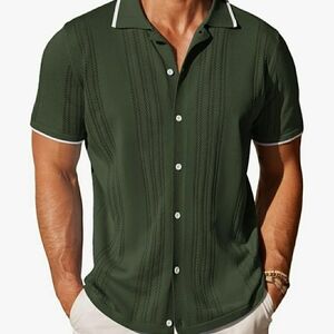 Coofandy Men's Green Knitted Short Sleeve Polo Shirt Sz L Summer Beach Date